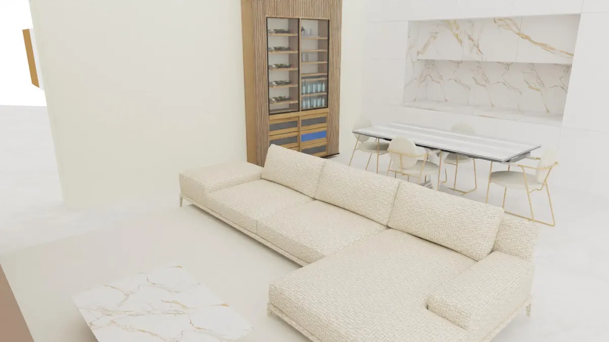 Render 3D di un bagno di design in marmo e legno